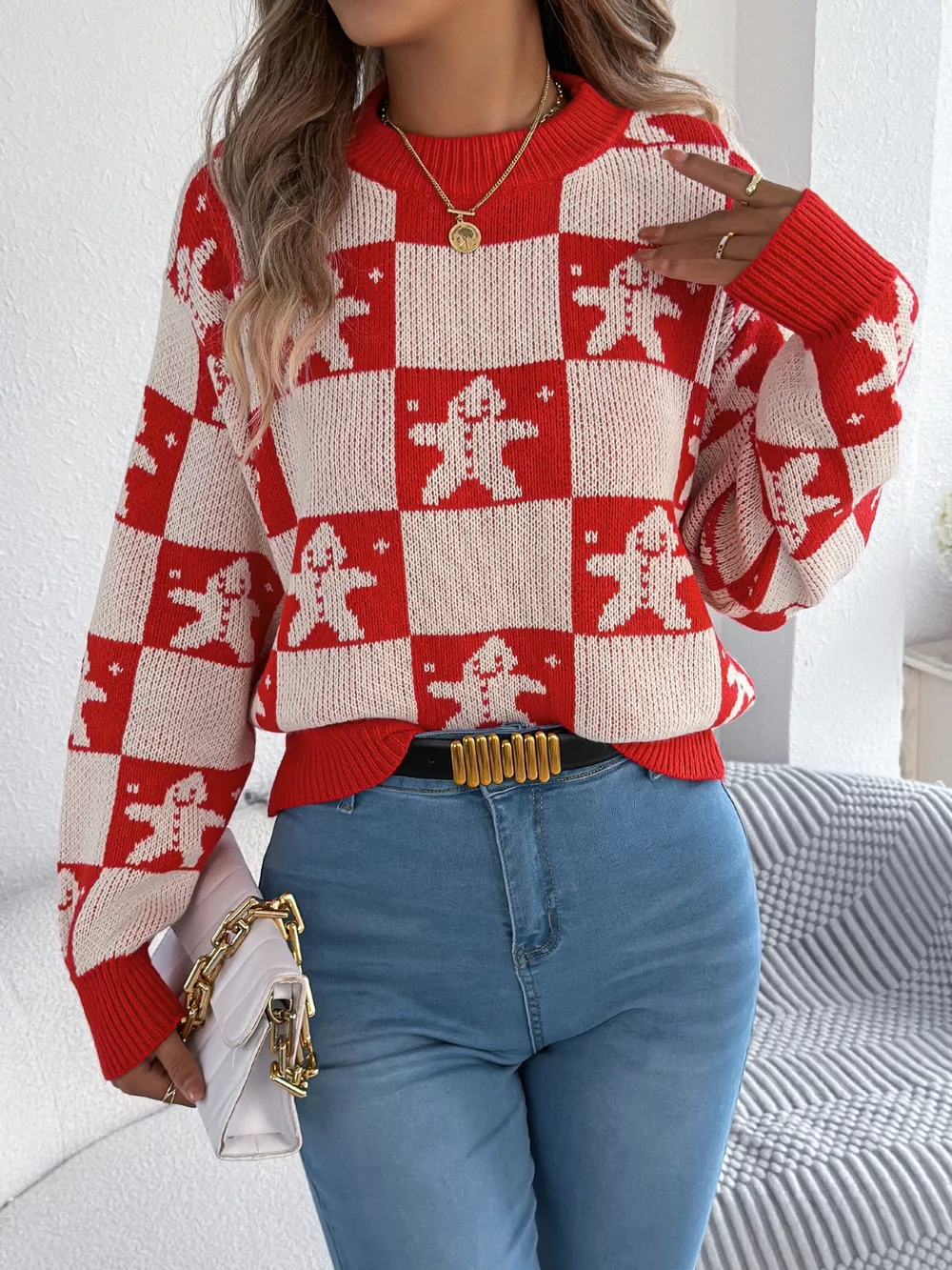 Christmas Checkerboard Gingerbread Round Neck Sweater, image 9