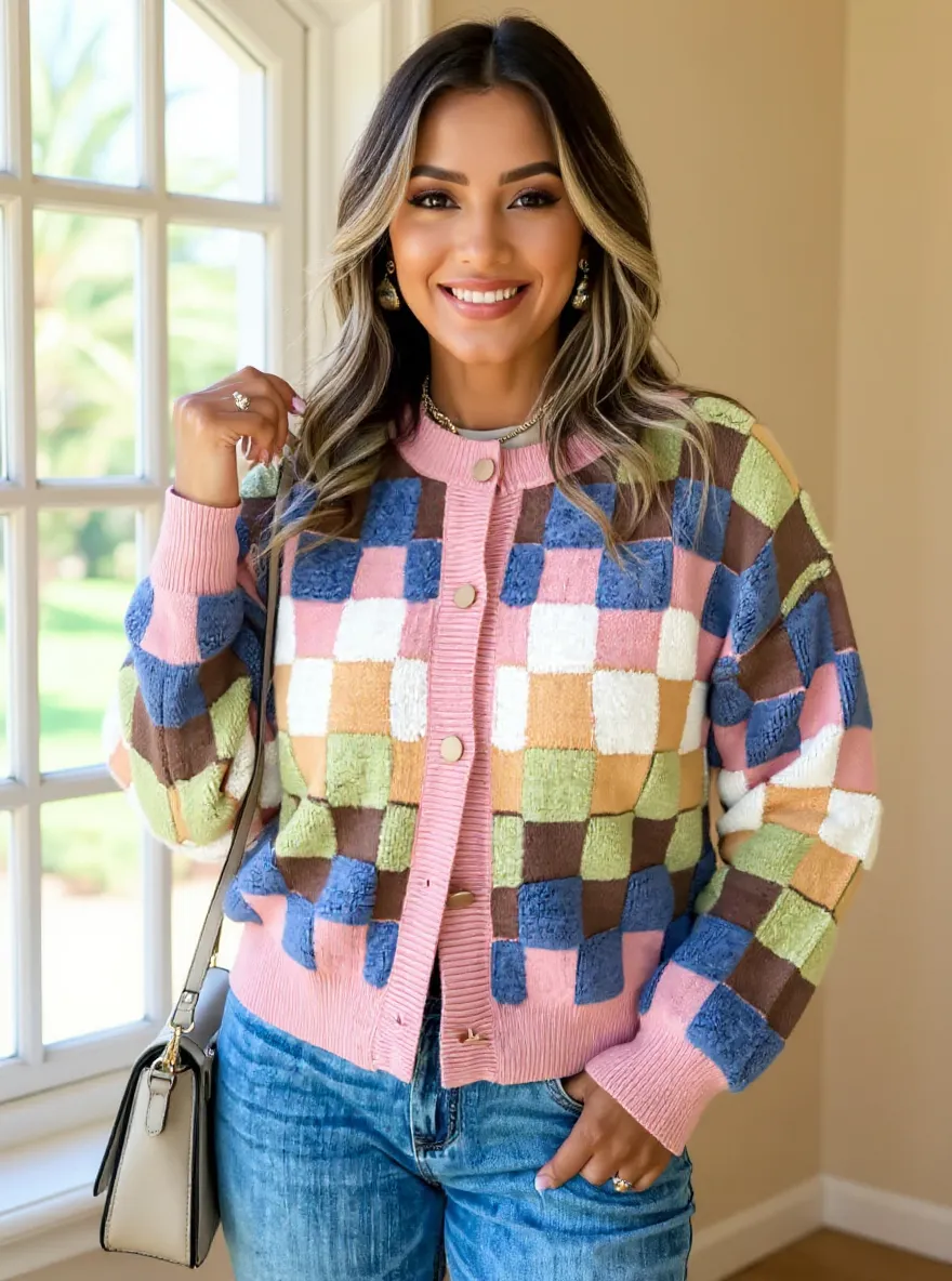 Checkered Pattern Button Front Cardigan, image 2