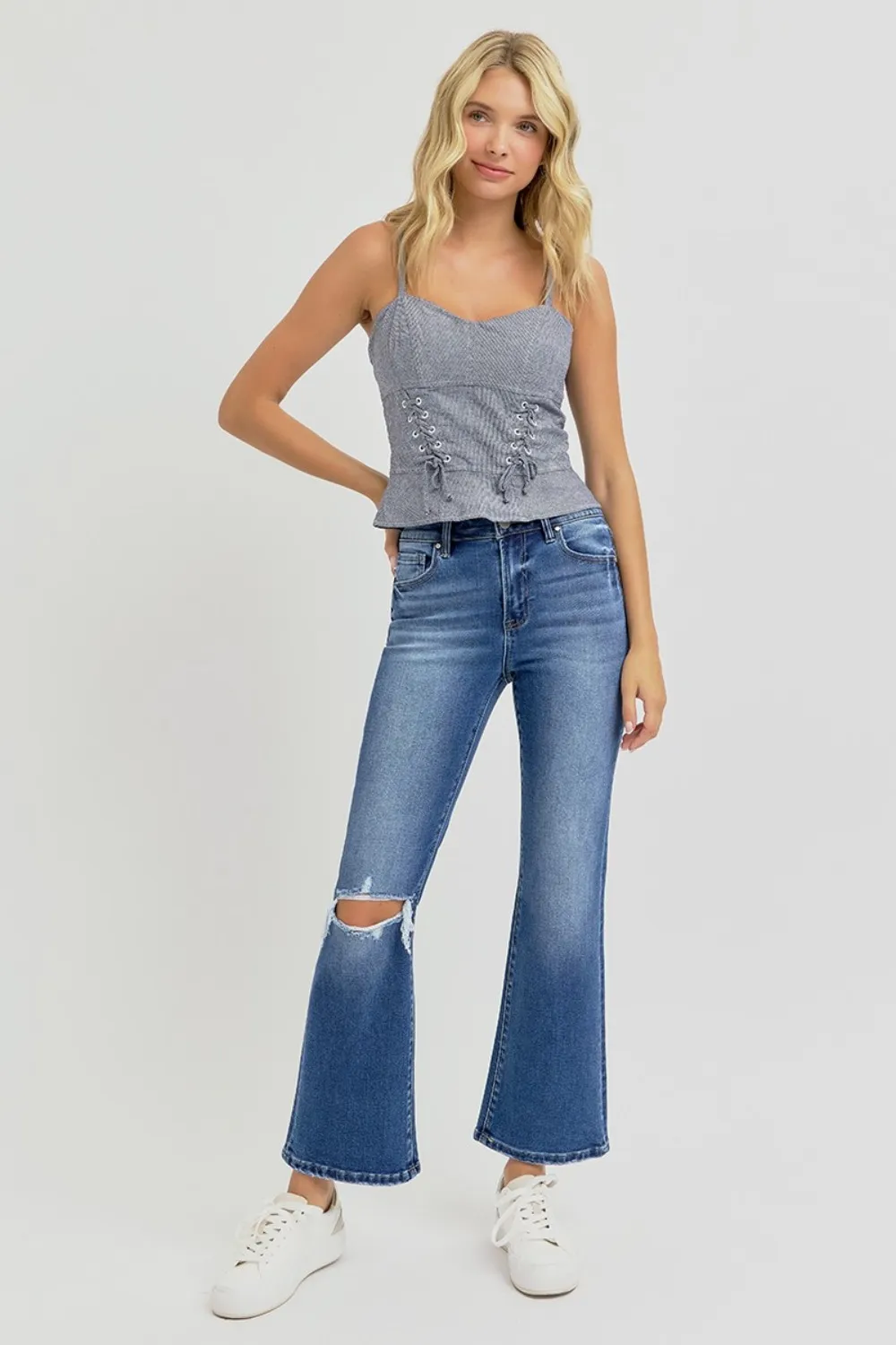 Full Size Distressed High Rise Crop Flare Jeans, image 4