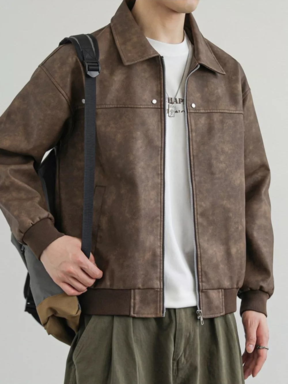 Men's Plus Size Zip Up Faux Leather Shacket, image 2