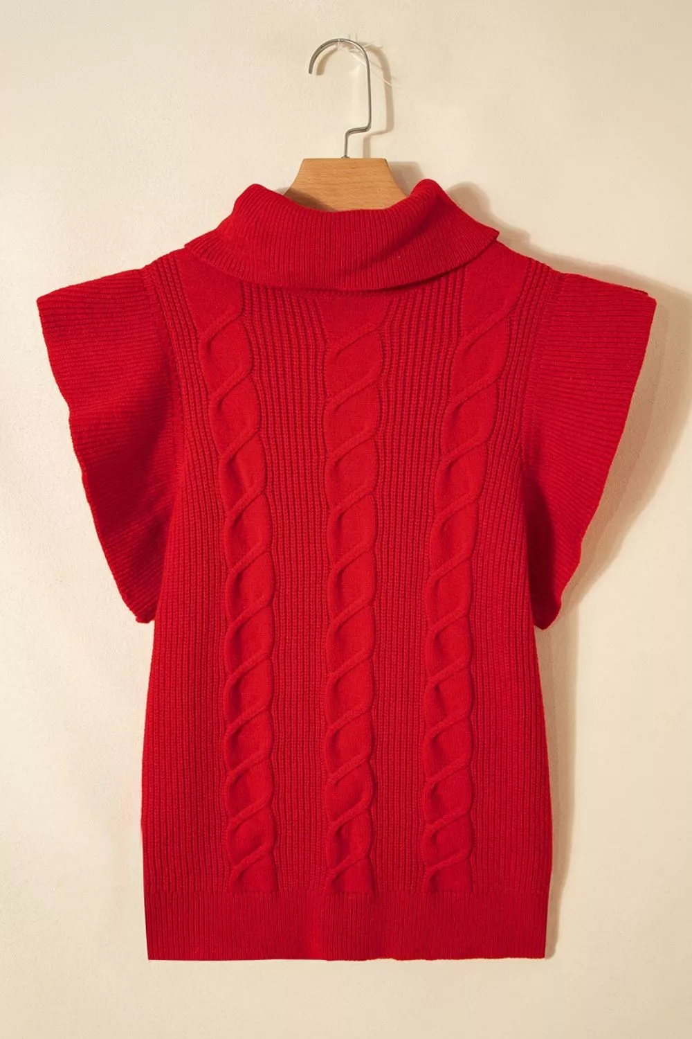 Cable Knit Turtleneck Ruffled Short Sleeve Sweater, image 7