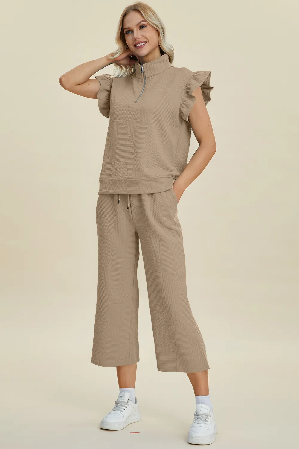 Full Size Texture Ruffle Short Sleeve Top and Wide Leg Pants Set, image 17