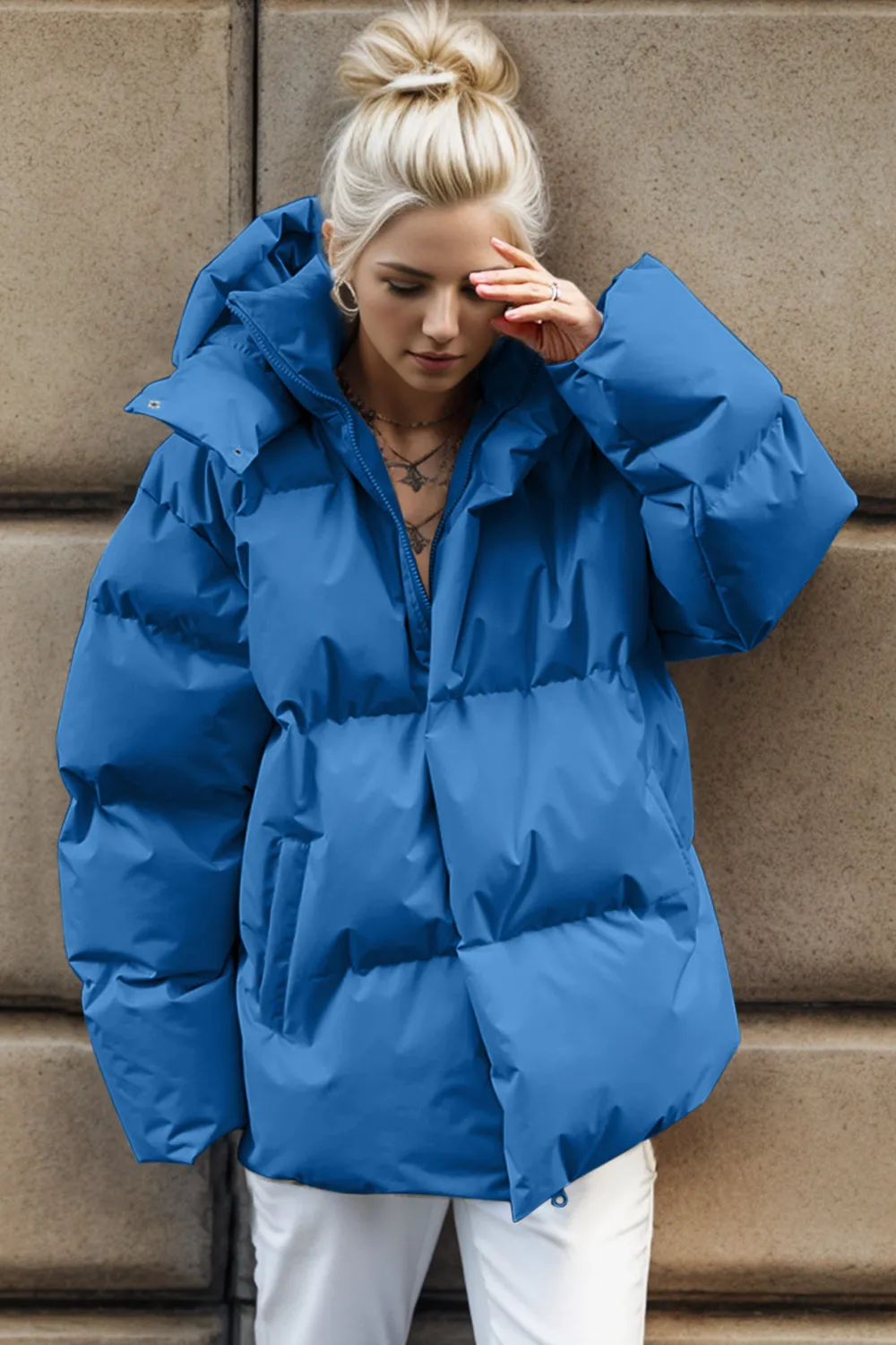 Pocketed Zip Up Hooded Puffer Jacket, image 3