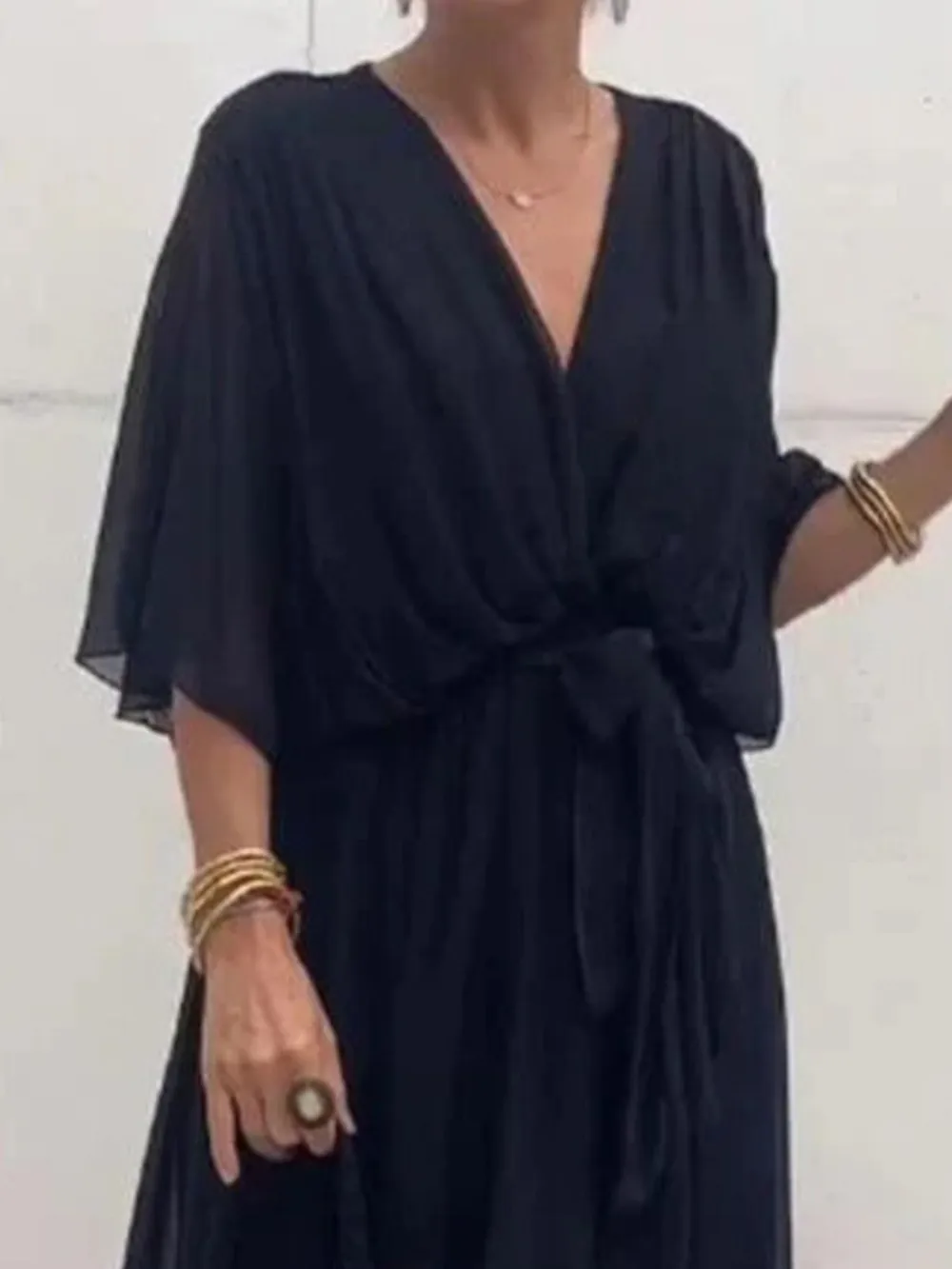 Full Size Flowy Tie Front Midi Dress with Flutter Sleeves Plus Size, image 7
