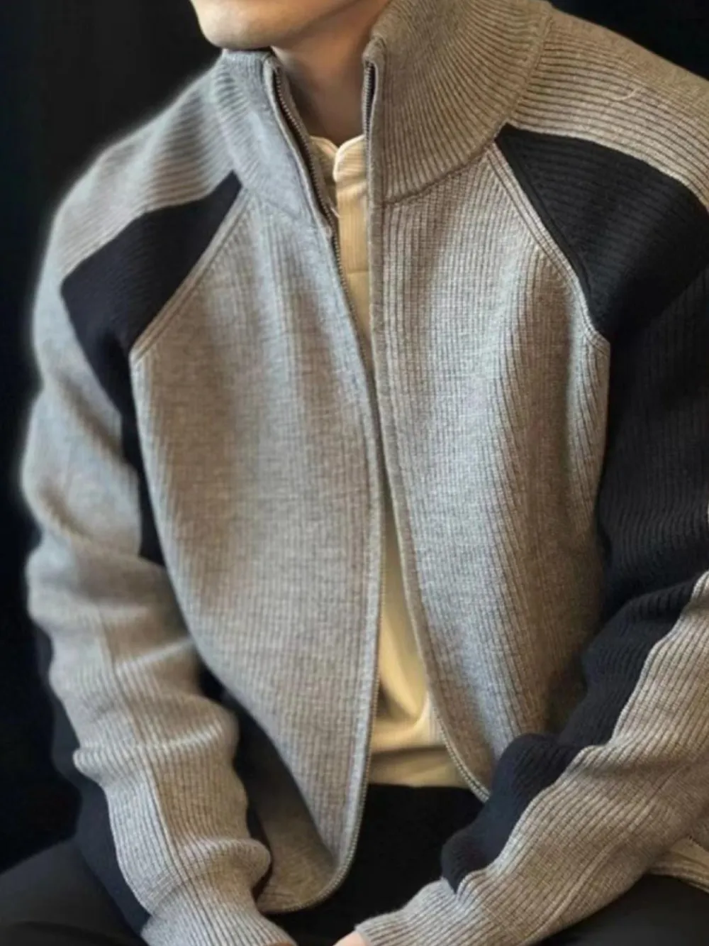 Men's Plus Size Color Block Ribbed Knit Zip-Up Cardigan, image 2