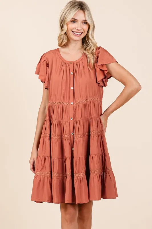 Lace Detail Ruffled Button Down Tiered Dress, image 3