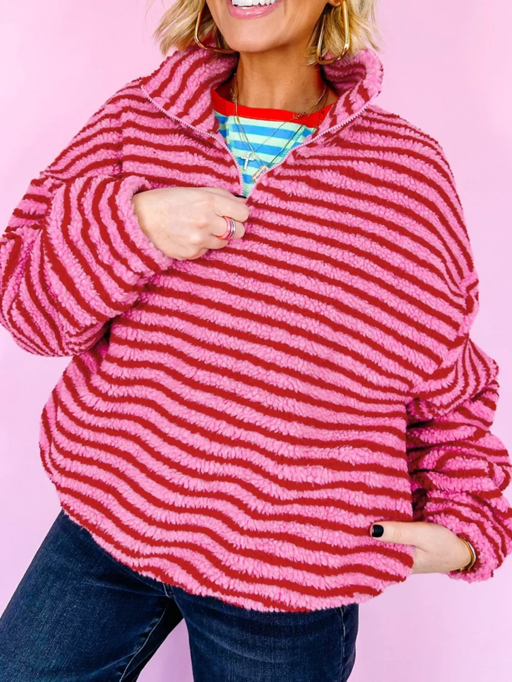 Striped Quarter-Zip Fleece Sweatshirt, image 4