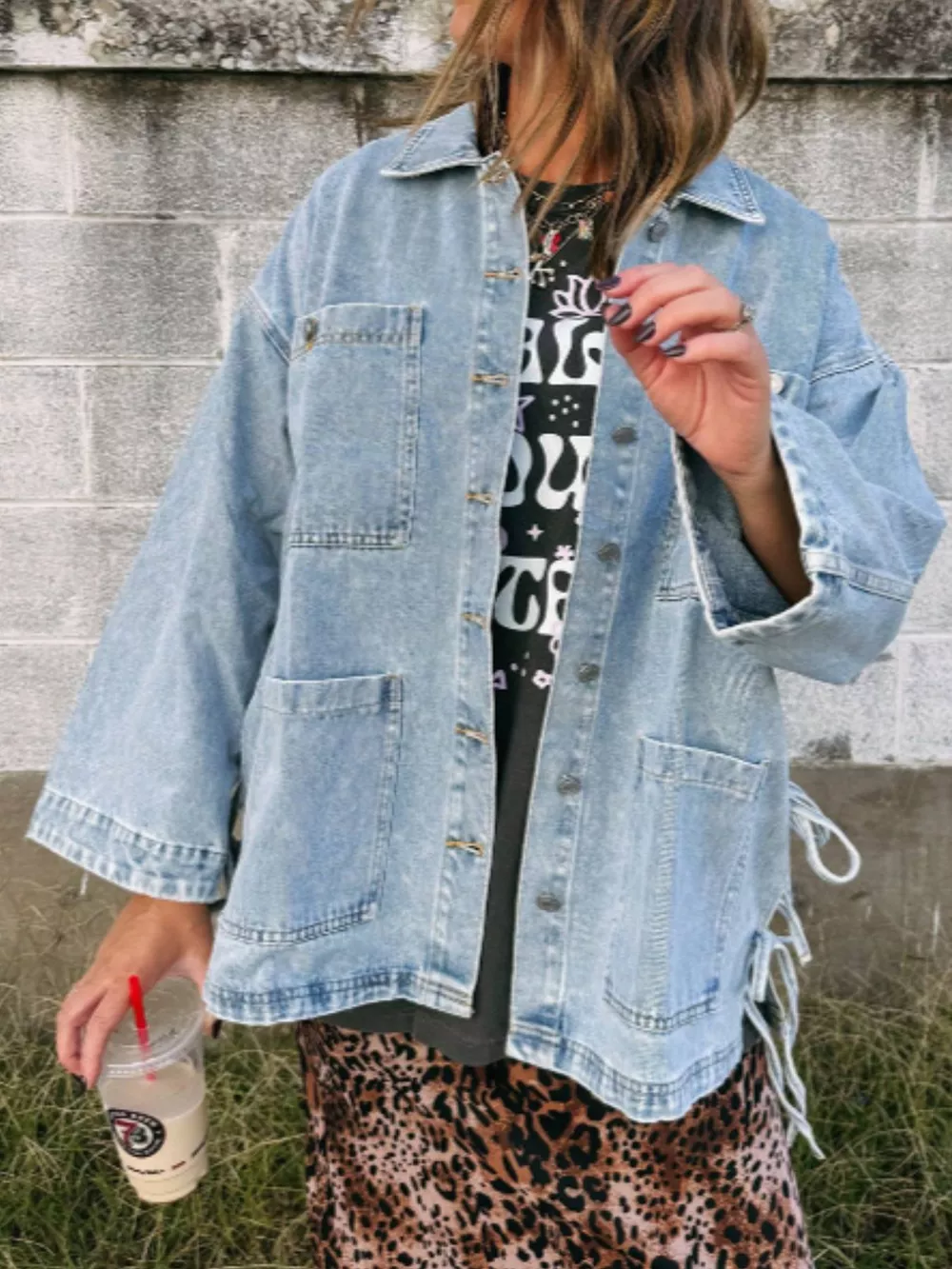 Patched Pockets Side Tie Denim Jacket, image 3