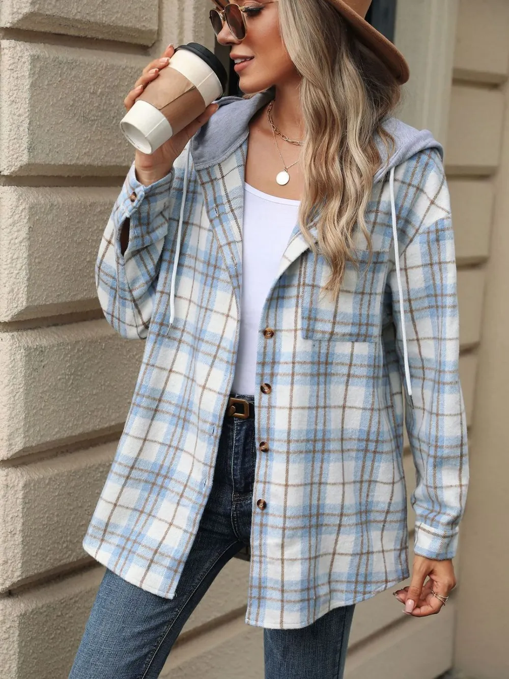 Drawstring Plaid Button Up Hooded Jacket, image 14