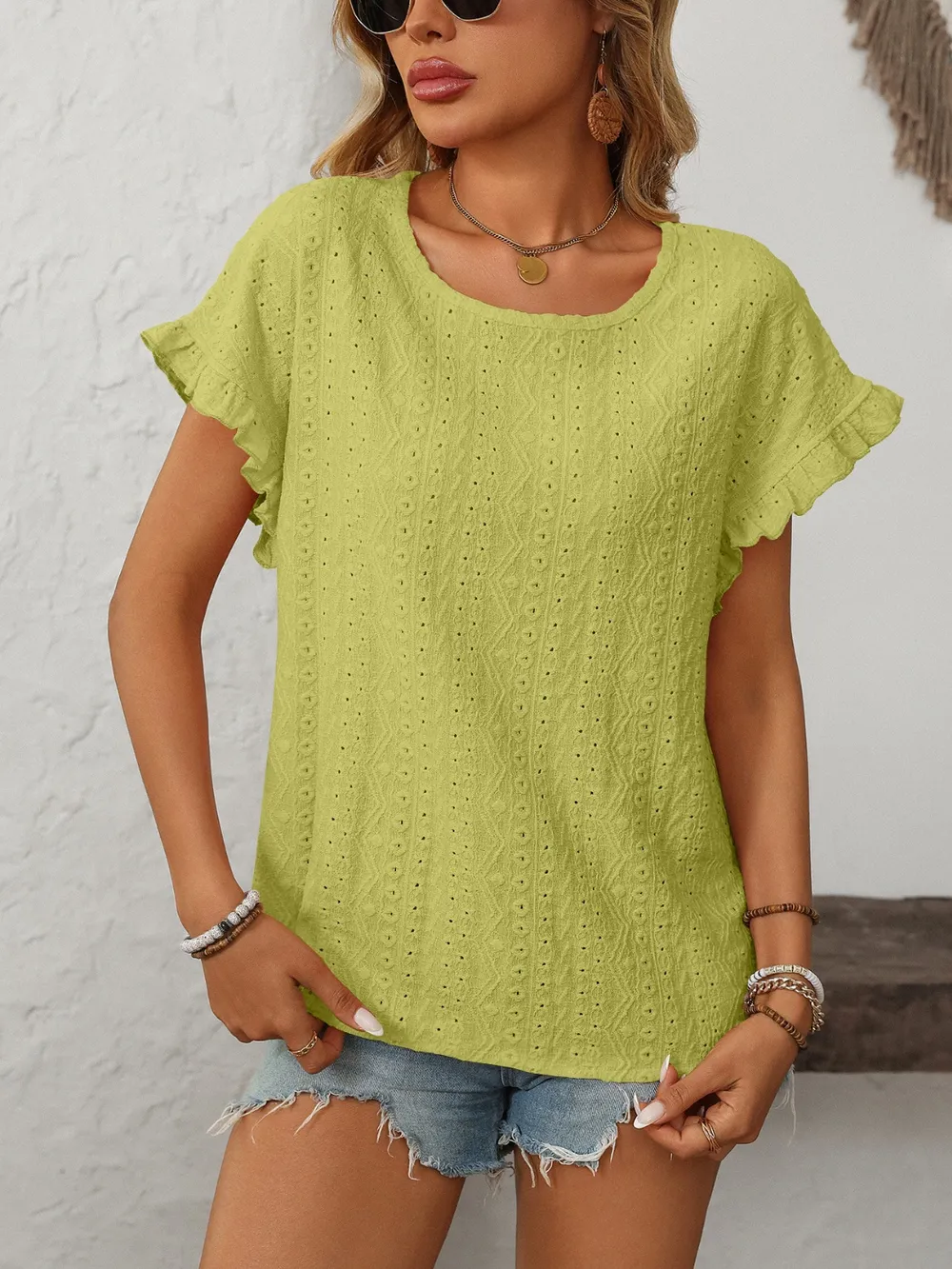 Eyelet Round Neck Short Sleeve Top, image 19