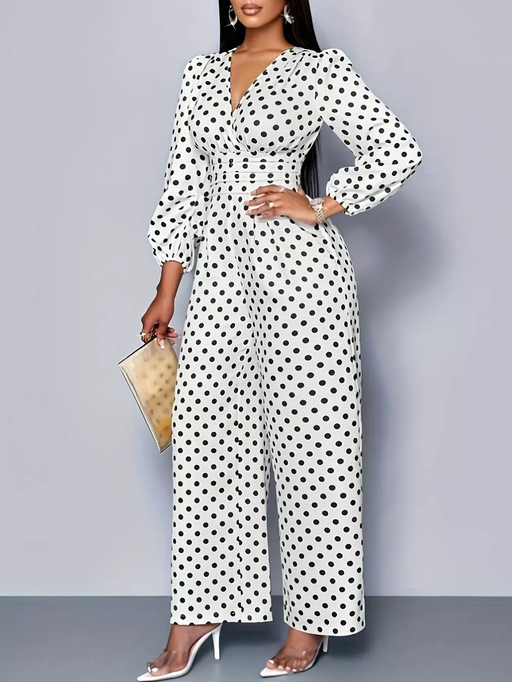 Polka Dot Long Sleeve Wide Leg Jumpsuit, image 4