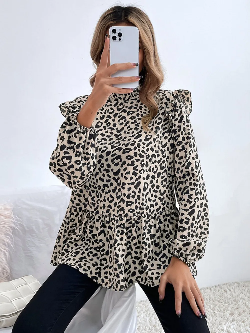 Ruffled Leopard Mock Neck Long Sleeve Blouse, image 4