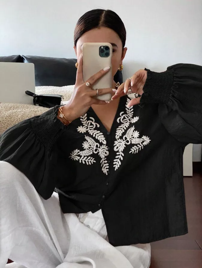 Embroidered Notched Long Sleeve Blouse, image 21