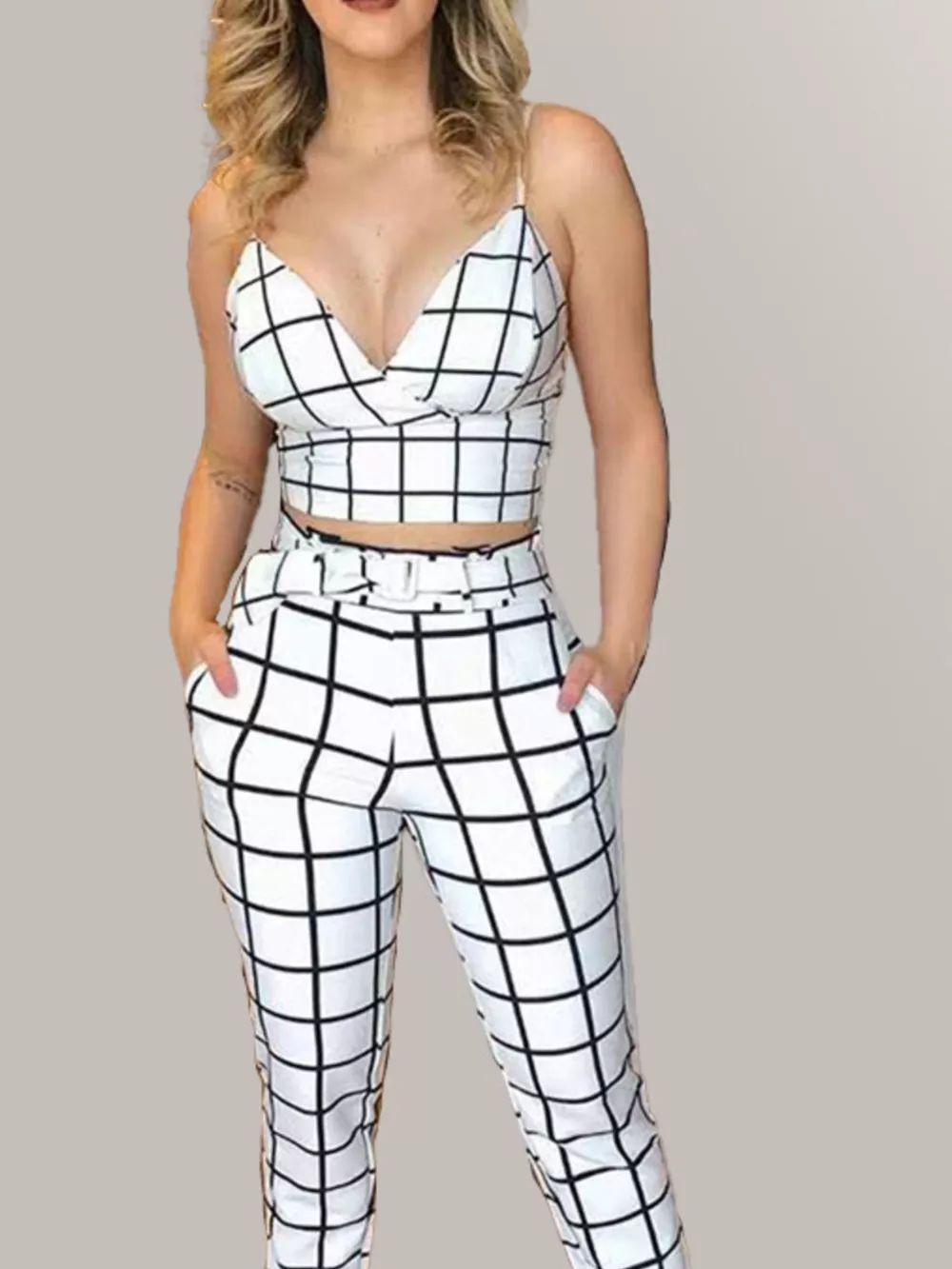 Grid Print Crop Top and Pants Set, image 2