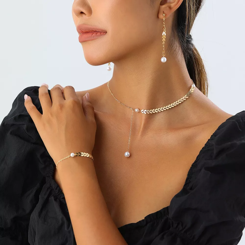 Wheat‑Spike Faux Pearl Necklace Bracelet Earrings 3‑Pcs Jewelry Set, image 3