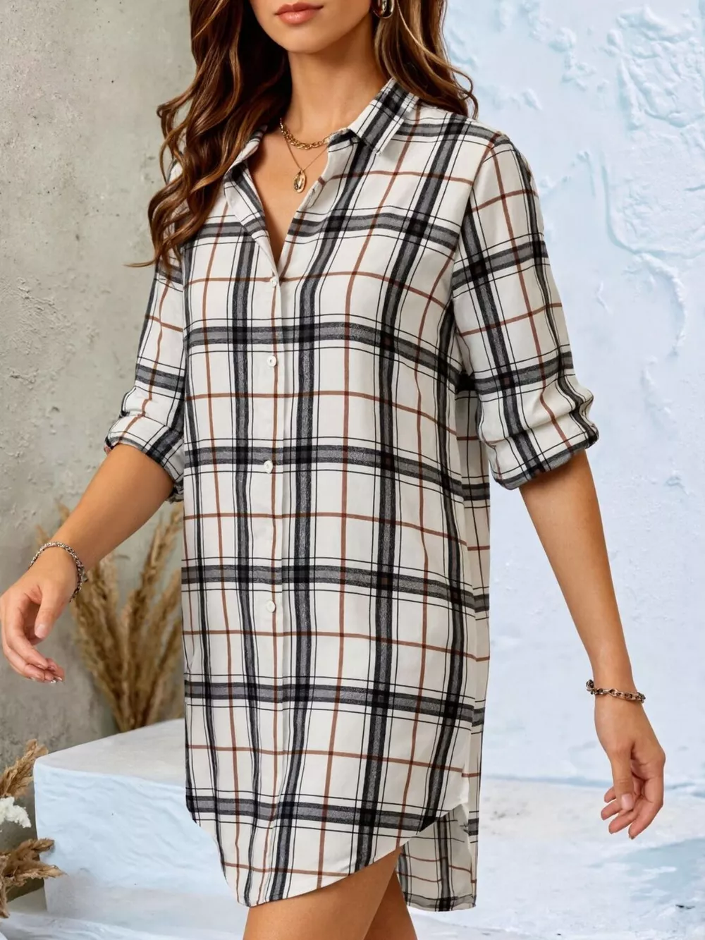 Plaid Button-Down Shirt Dress, image 3