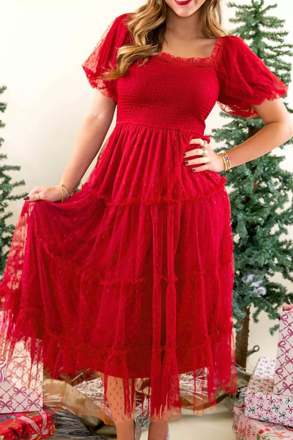 Swiss Dot Tulle Smocked Midi Dress, image 3