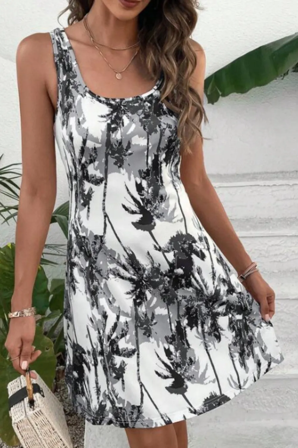 Printed Scoop Neck Wide Strap Mini Dress, image 8