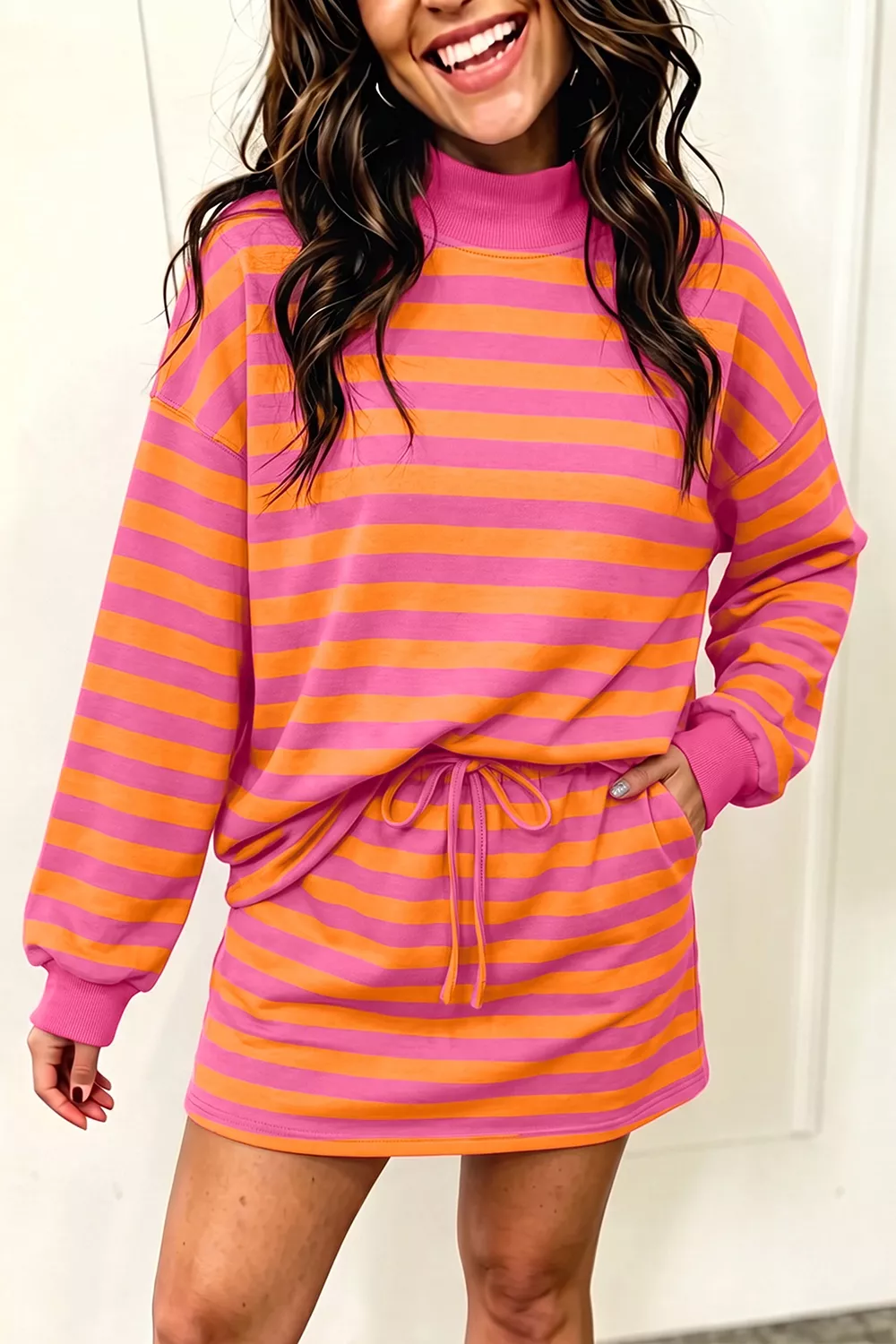 Stripe Color Block Patchwork Mock Neck Pullover Drawstring Mini Skort Set, image 2
