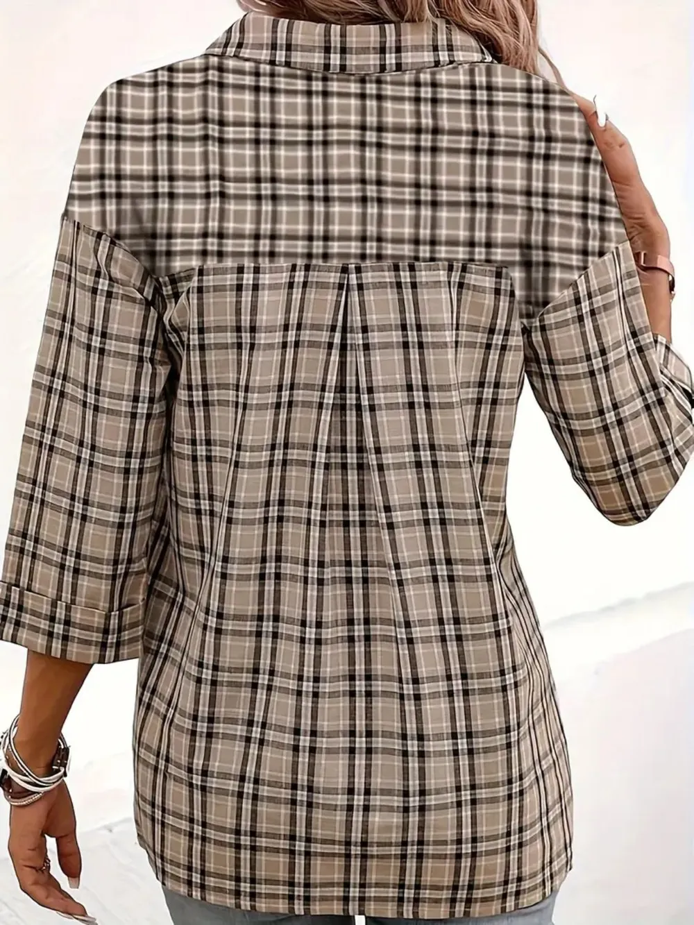 Plaid Johhny Collar Three-Quarter Sleeve T-Shirt, image 2