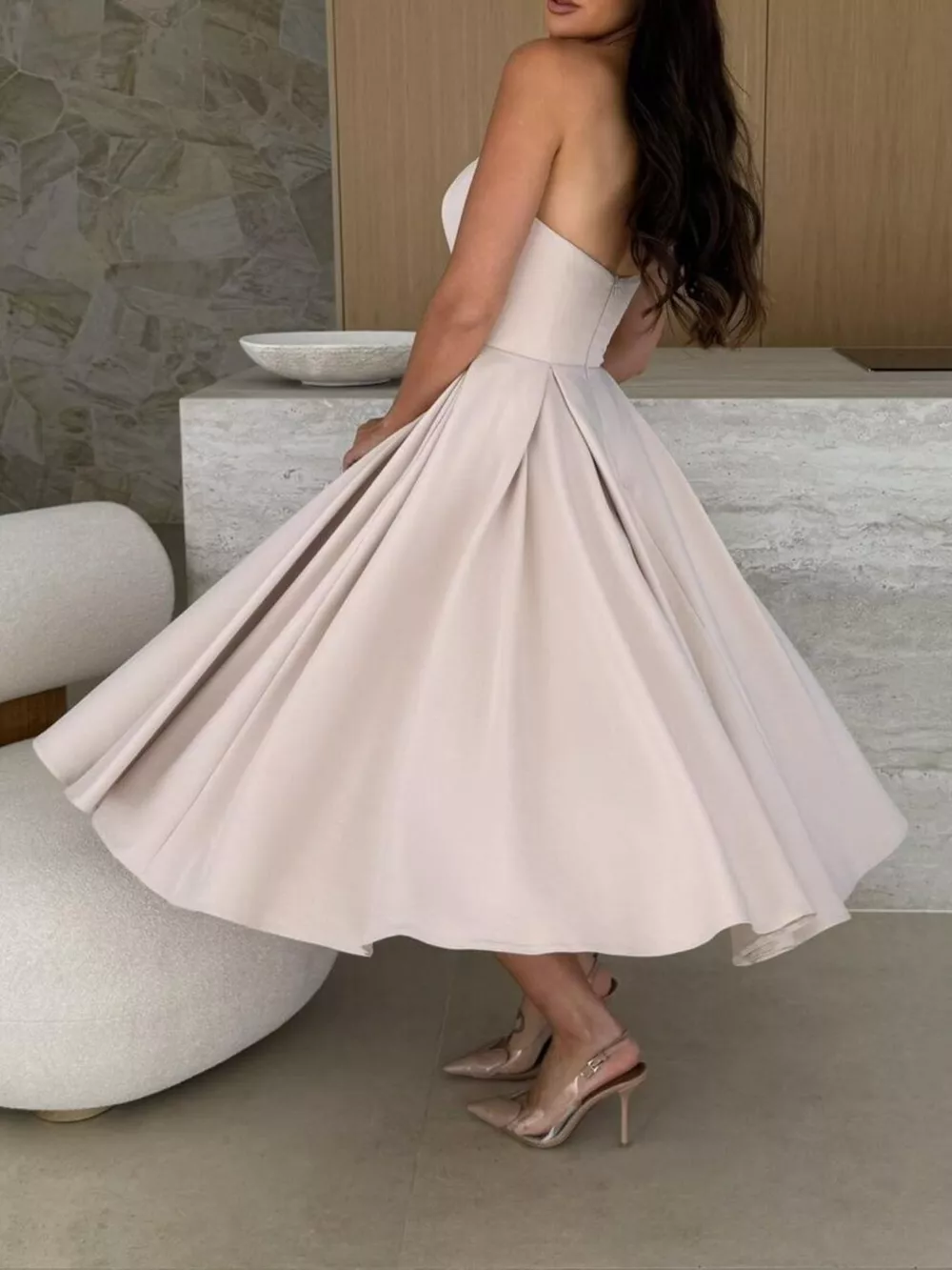 Strapless Ruched A-Line Midi Dress, image 4