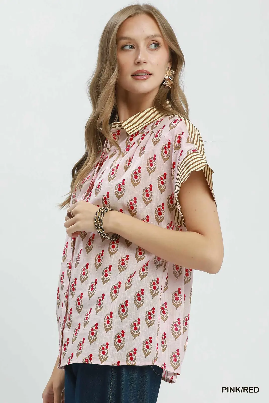 Block Print Button-Front Shirt with Contrast Stripe Point Collar, image 2