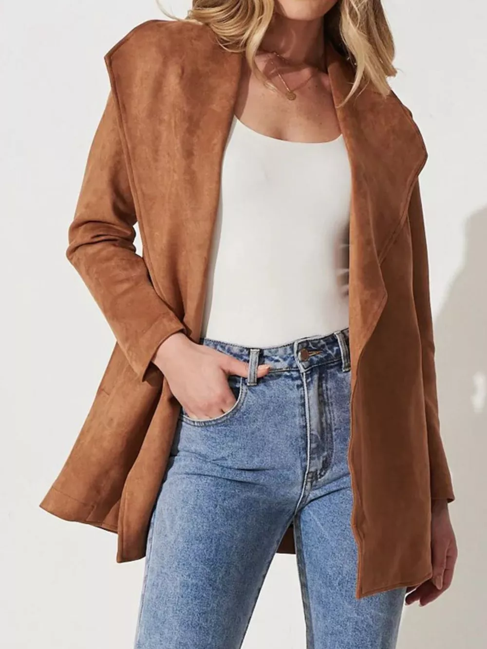 Suede Tie Waist Long Sleeve Outerwear, image 3