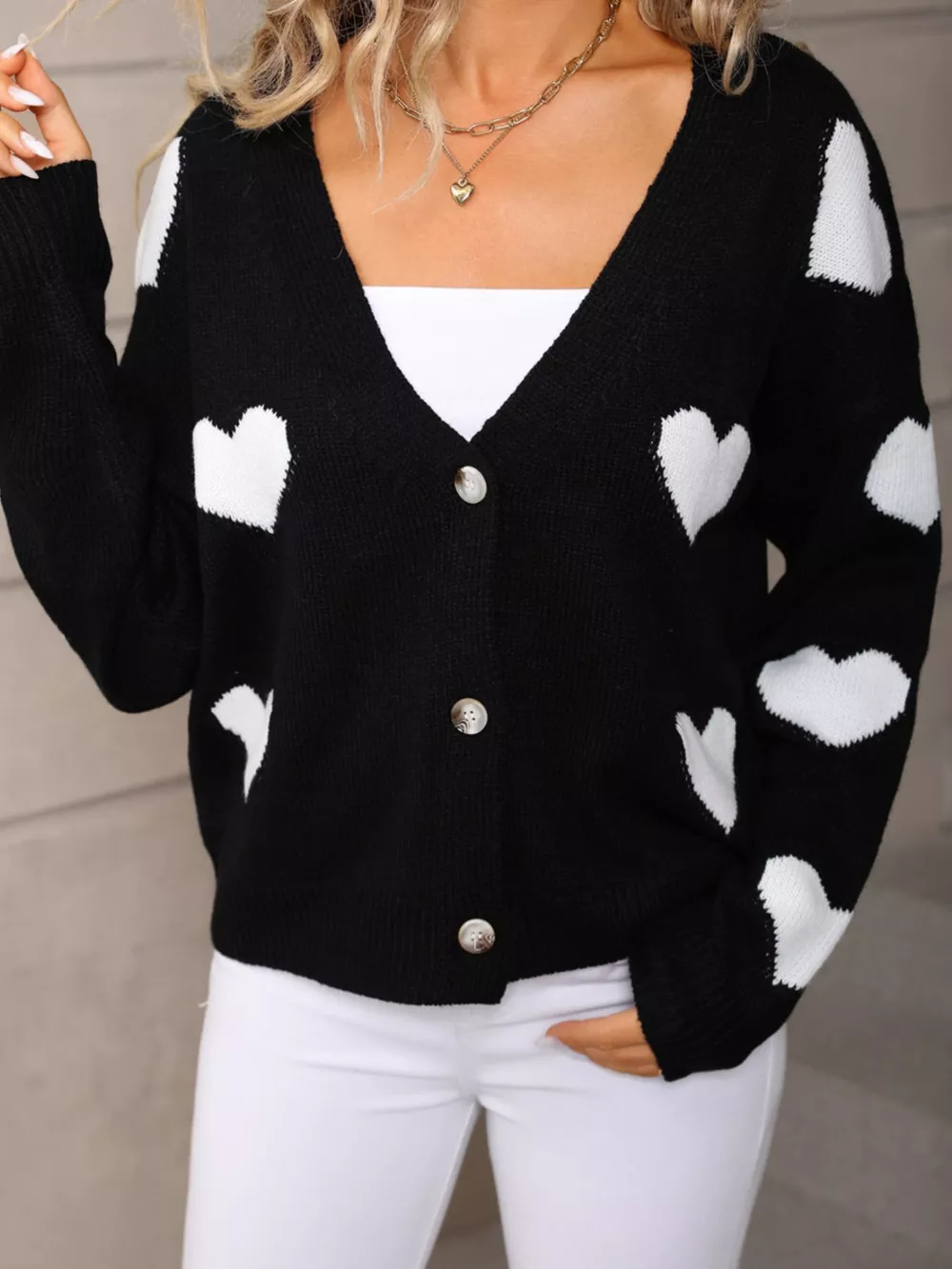 Valentine's Day Heart Pattern Button-Up Knit Cardigan, image 8