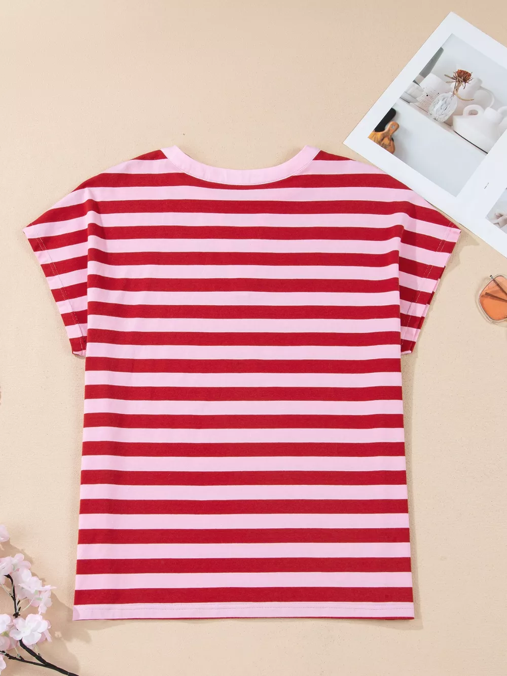 Stripe Split V Neck Casual T Shirt, image 4