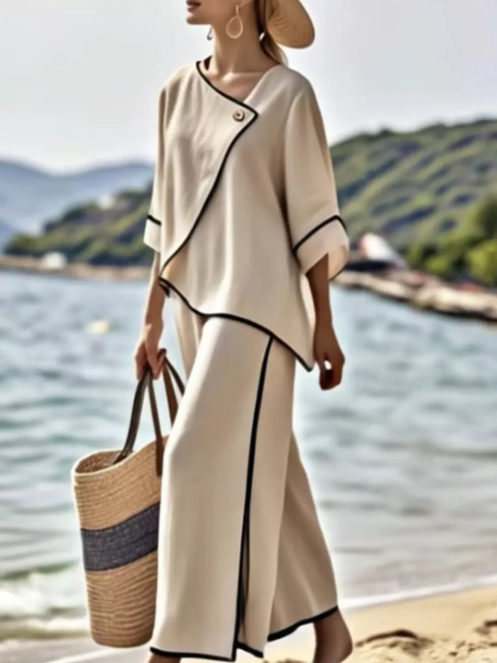 Full Size Contrast Trim Top and Wide Leg Pants Set Plus Size, image 2