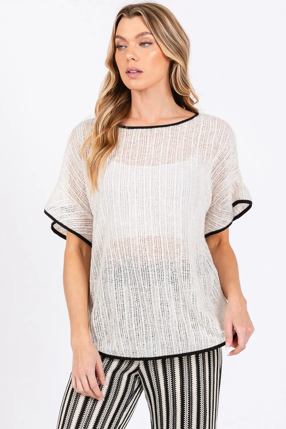 Contrast Trim Short Sleeve Knit Cover Up, image 4