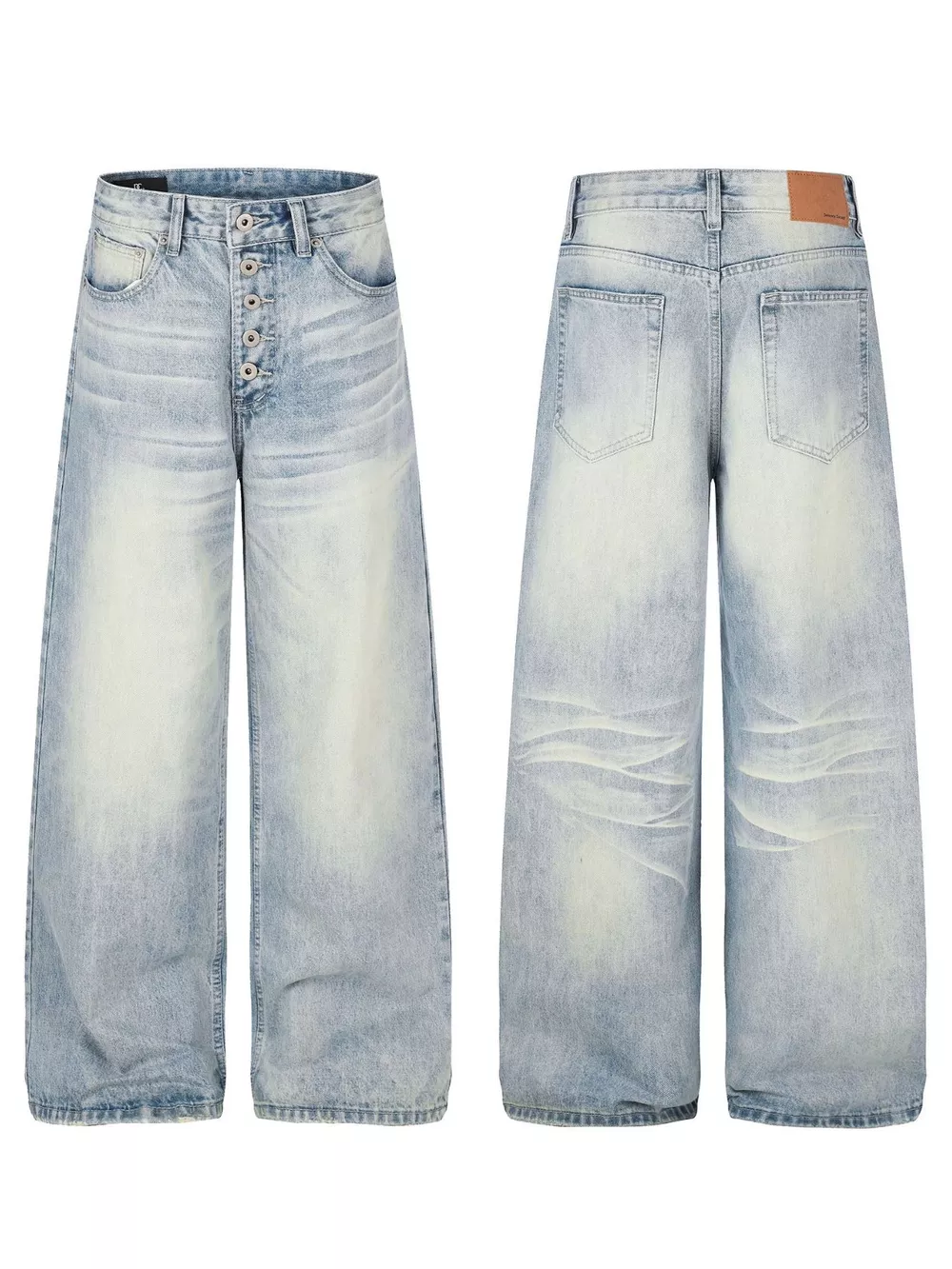 Men's High-Waisted Button-Fly Wide-Leg Vintage Washed Jeans, image 4