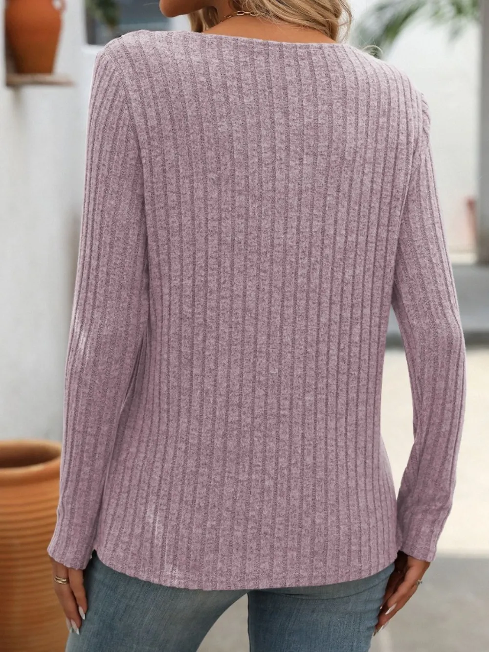 Ribbed V-Neck Long Sleeve T-Shirt, image 14