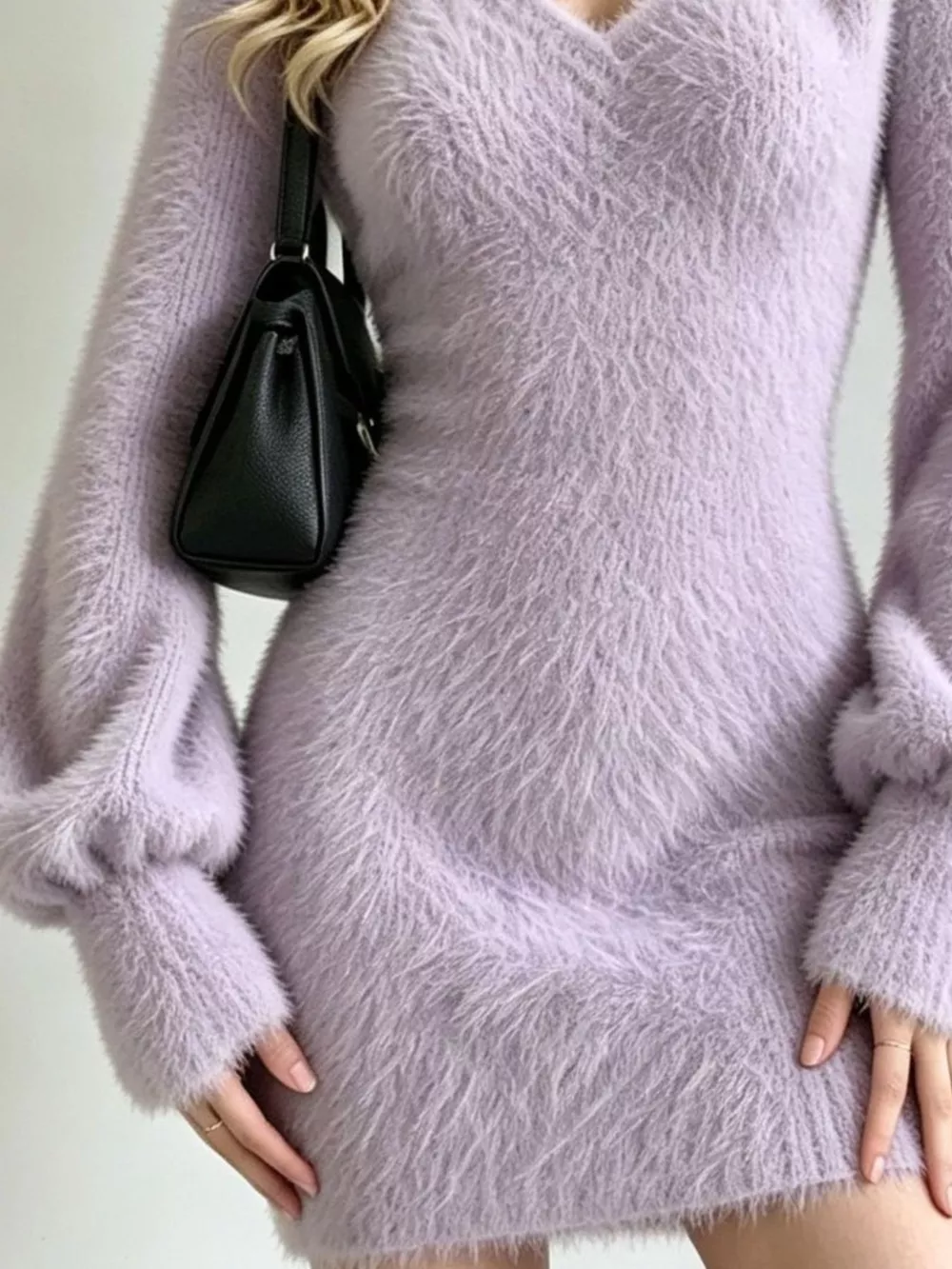 Fuzzy V-Neck Long Sleeve Sweater Dress, image 15