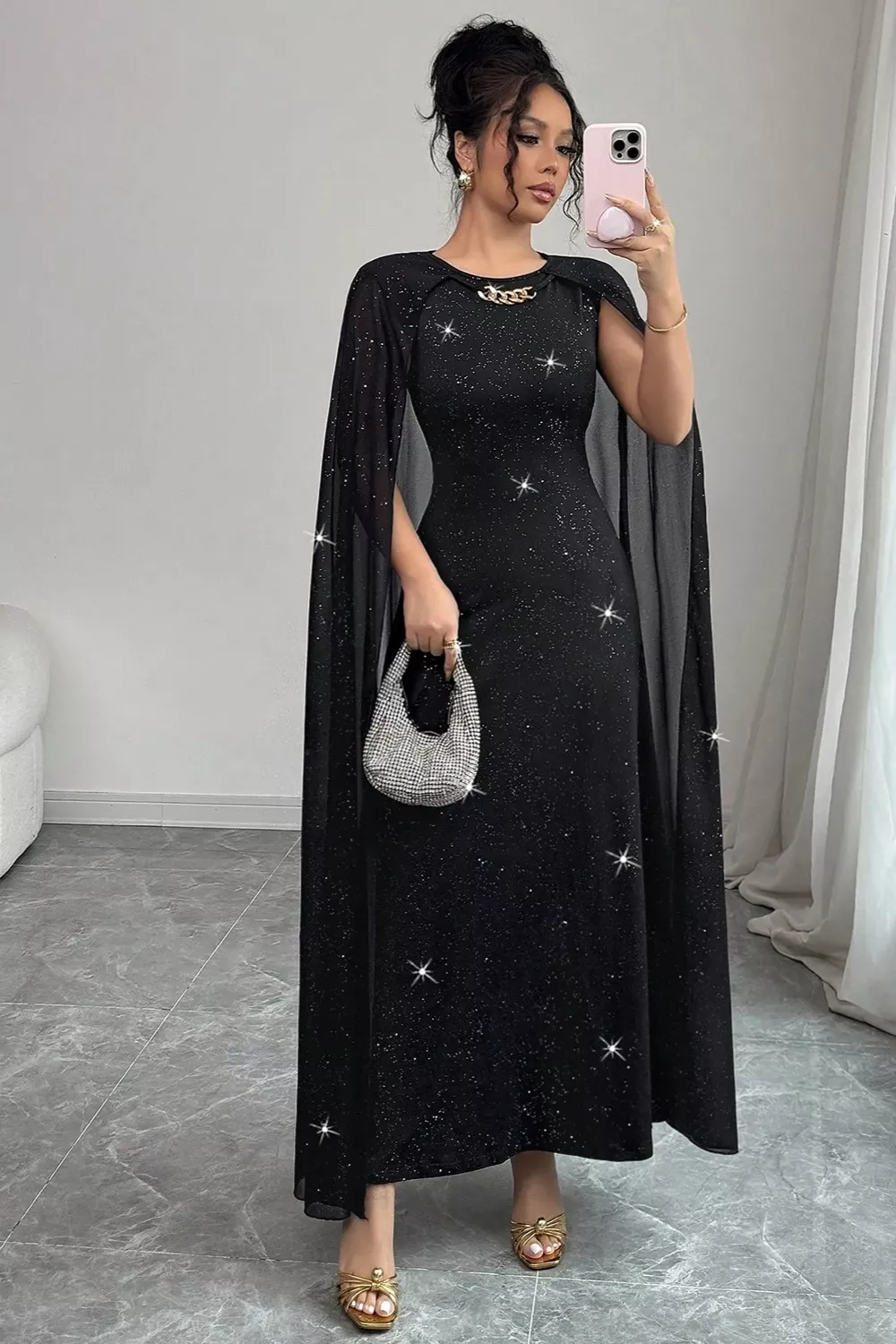 Glitter Cape-Sleeve Maxi Dress, image 3