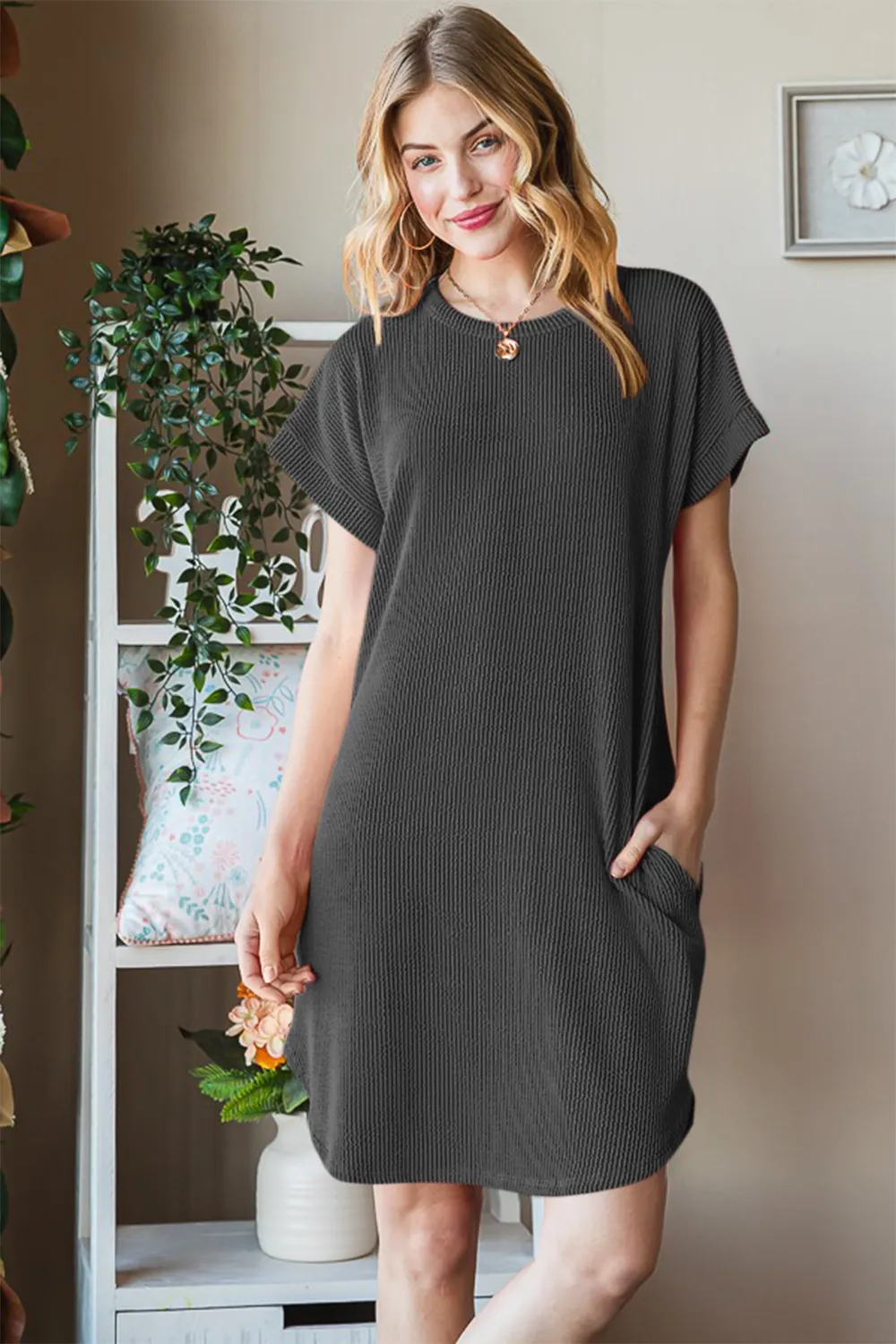 Full Size Ribbed Round Neck Short Sleeve Tee Dress, image 5