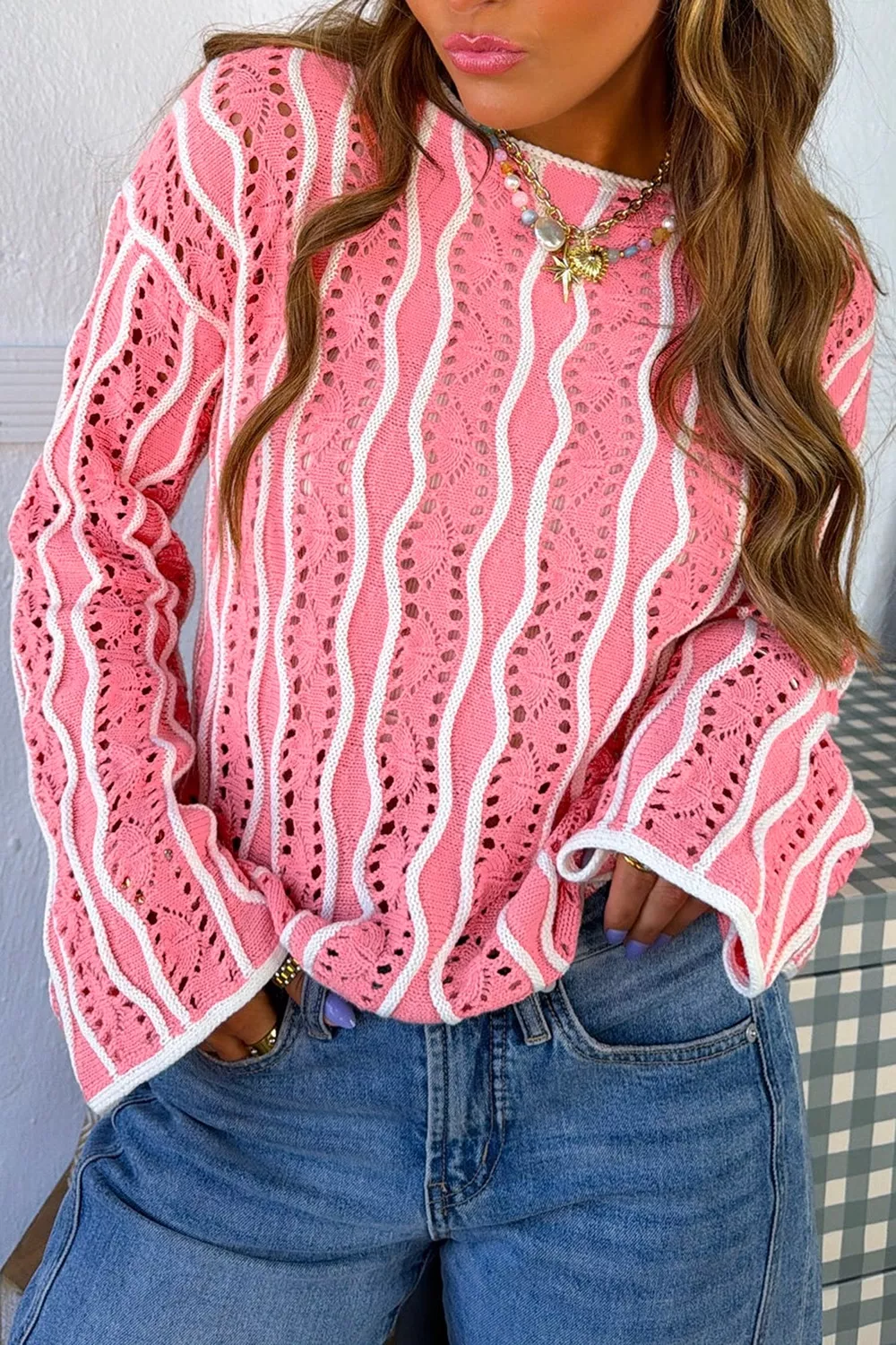 Wavy Detail Hollow Out Knit Long Sleeve Sweater, image 4
