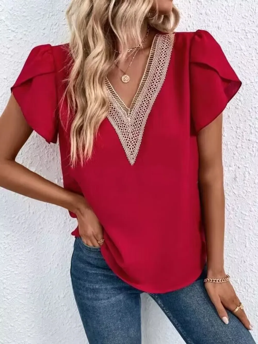 V-Neck Petal Sleeve Blouse, image 2