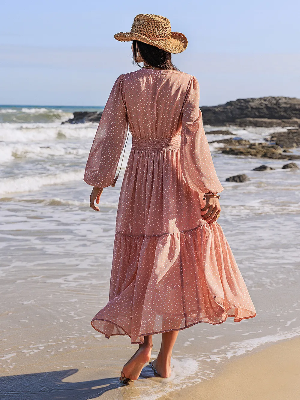 Embroidered Polka Dot Tie Neck Long Sleeve Midi Dress, image 5