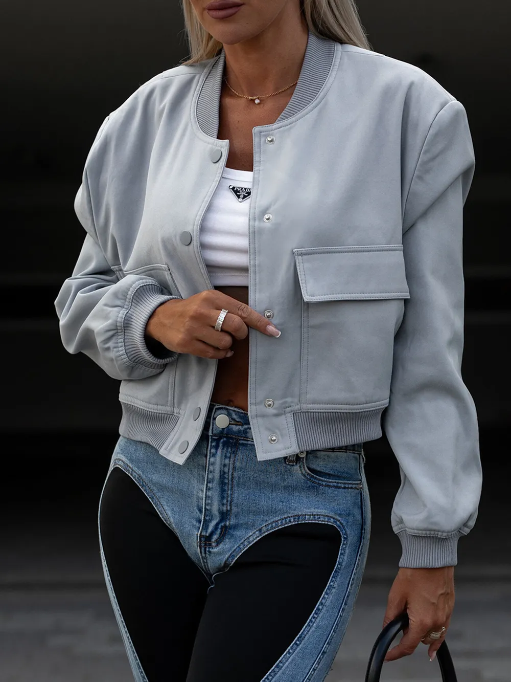 Pocketed Snap Down Baseball Collar Jacket, image 7