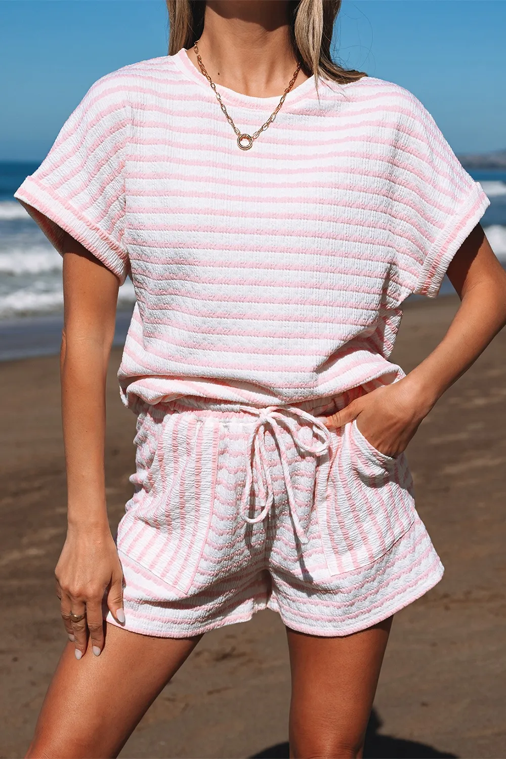 Stripe Knitted Short Sleeve Top and Drawstring Shorts Set