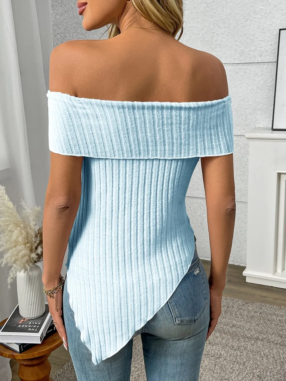 Ribbed Off-Shoulder Asymmetrical Hem T-Shirt, image 6