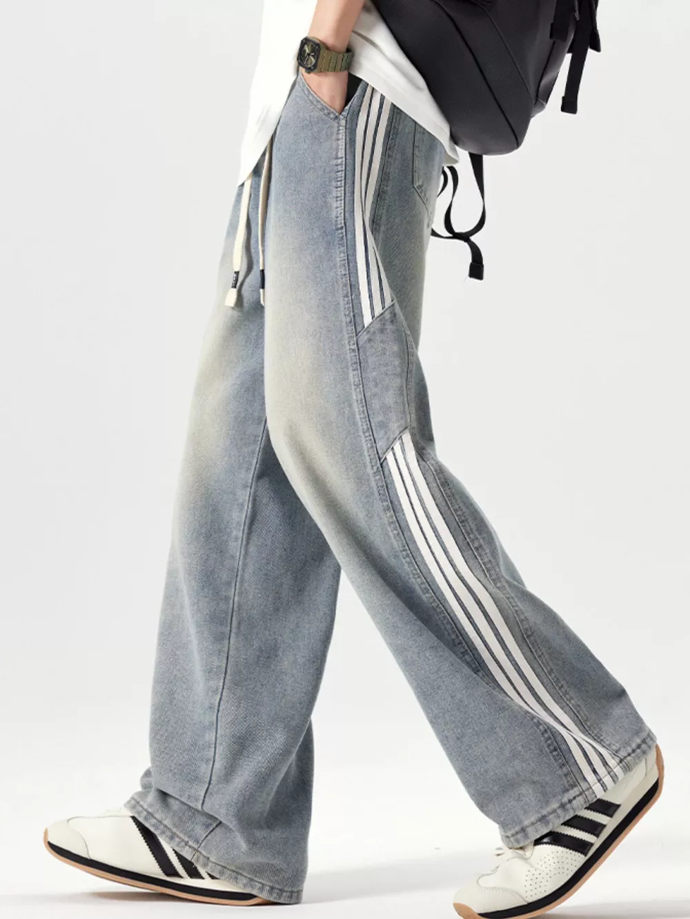 Men's Plus Size Washed Side Stripe Wide Leg Jeans, image 2
