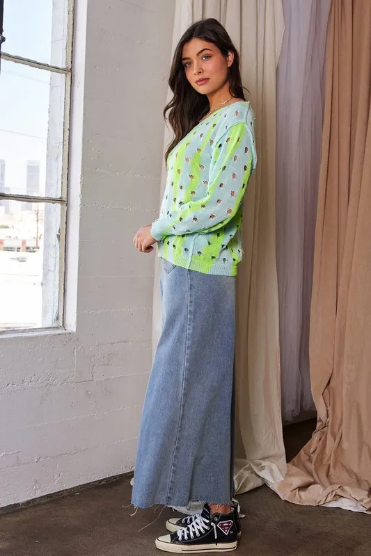 Two-Tone Ribbed Hem Openwork Knit Top, image 7