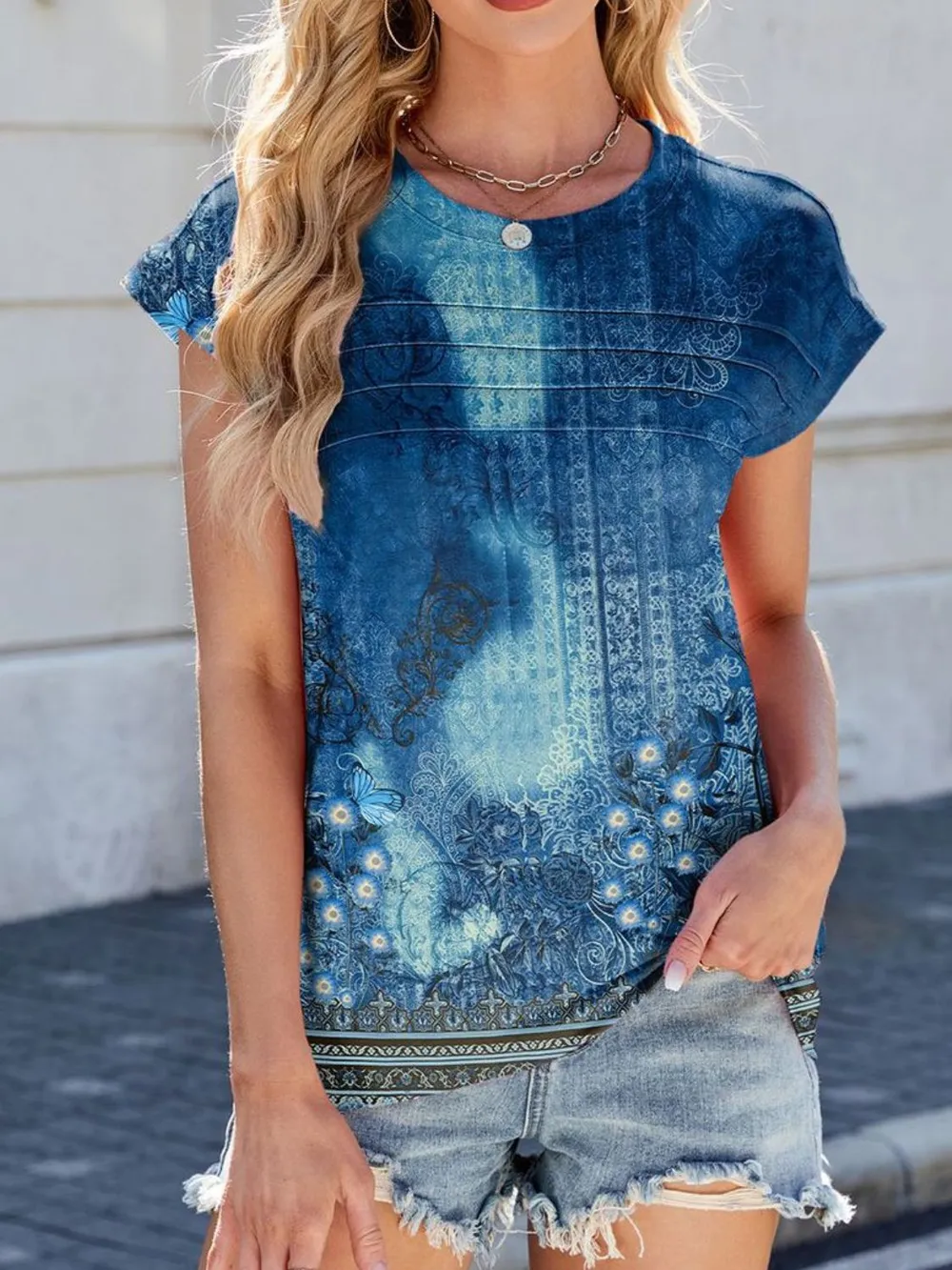 Printed Round Neck Cap Sleeve Top, image 15