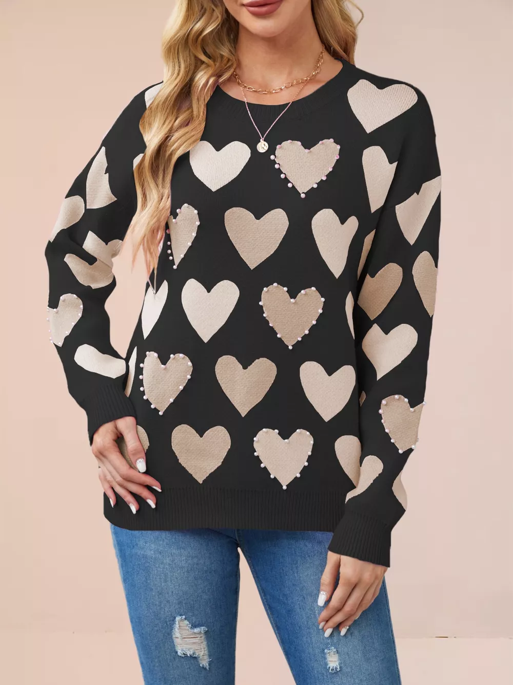 Heart Pattern Beaded Round Neck Sweater, image 10