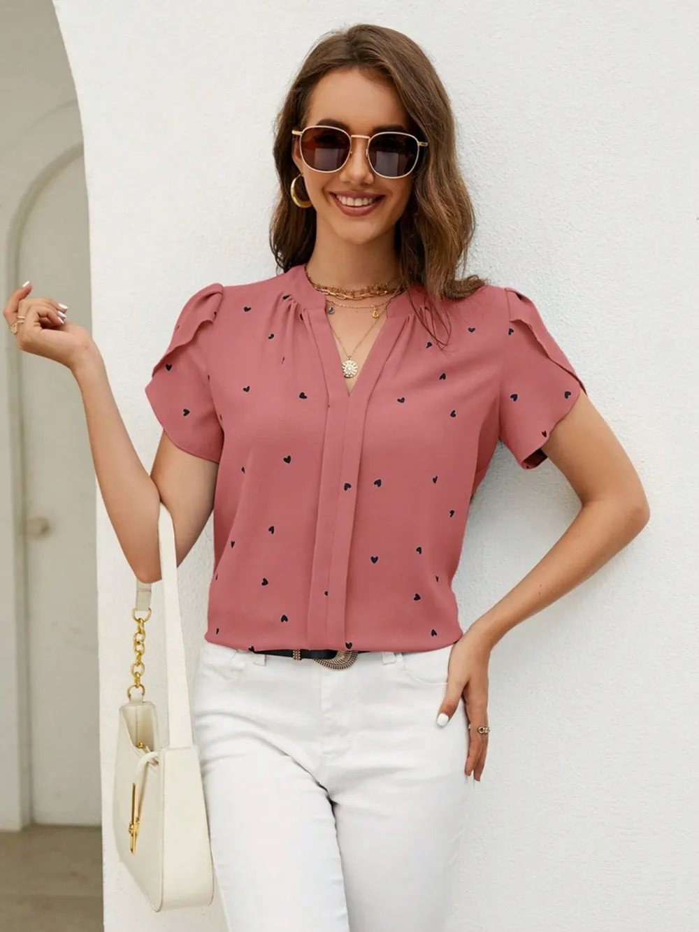 Heart Print Notched Petal Sleeve Blouse, image 13