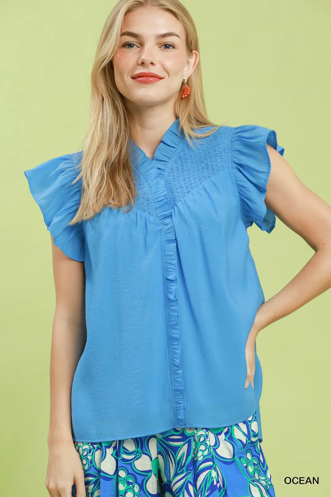 Smocked Yoke Ruffle Sleeve Blouse
