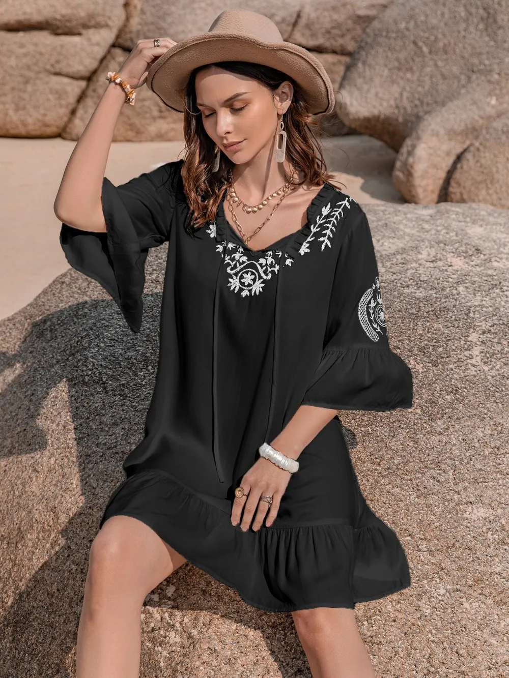 Printed Tie Neck Flounce Sleeve Mini Dress, image 10