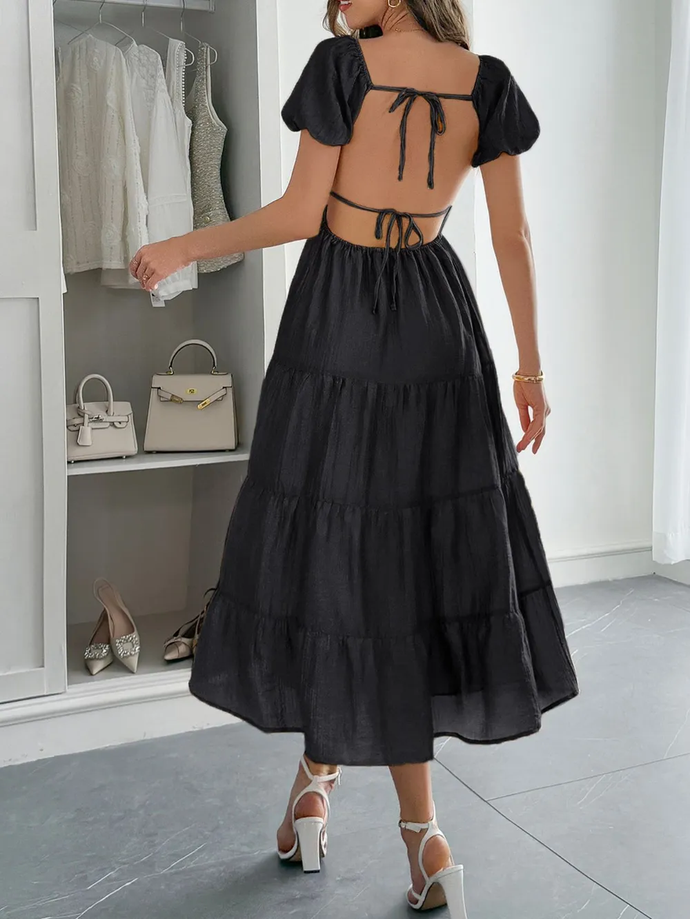 Backless Tiered Puff Sleeve Midi Dress, image 3